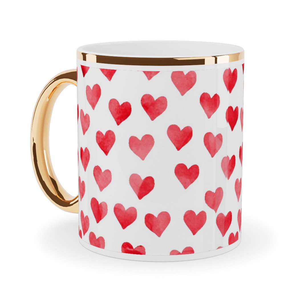 Watercolor Hearts - Red Ceramic Mug, Gold Handle,  , 11oz, Red