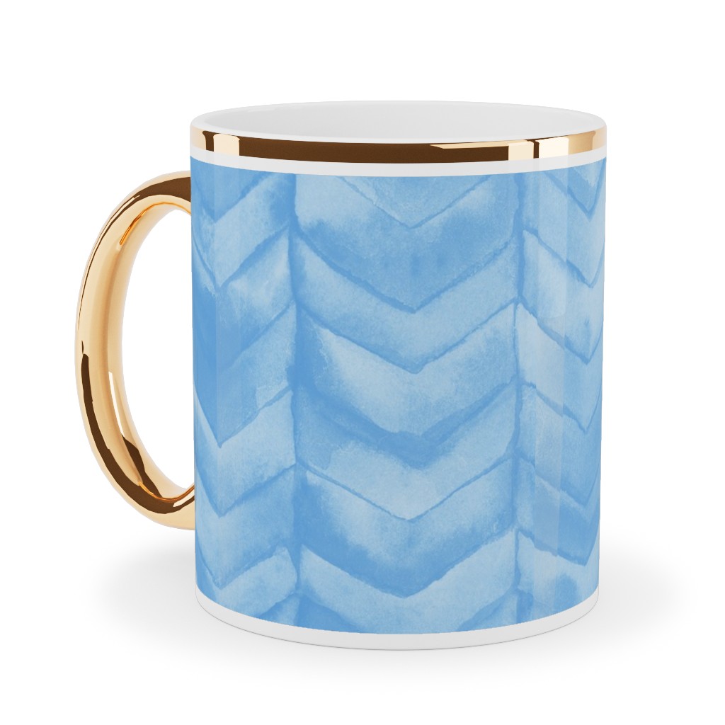 Watercolor Chevron Ceramic Mug, Gold Handle,  , 11oz, Blue