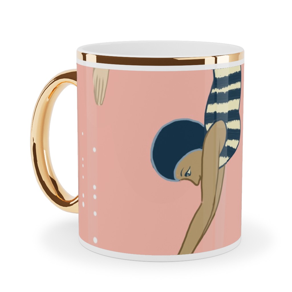 Lady Divers - Pink Ceramic Mug, Gold Handle,  , 11oz, Pink
