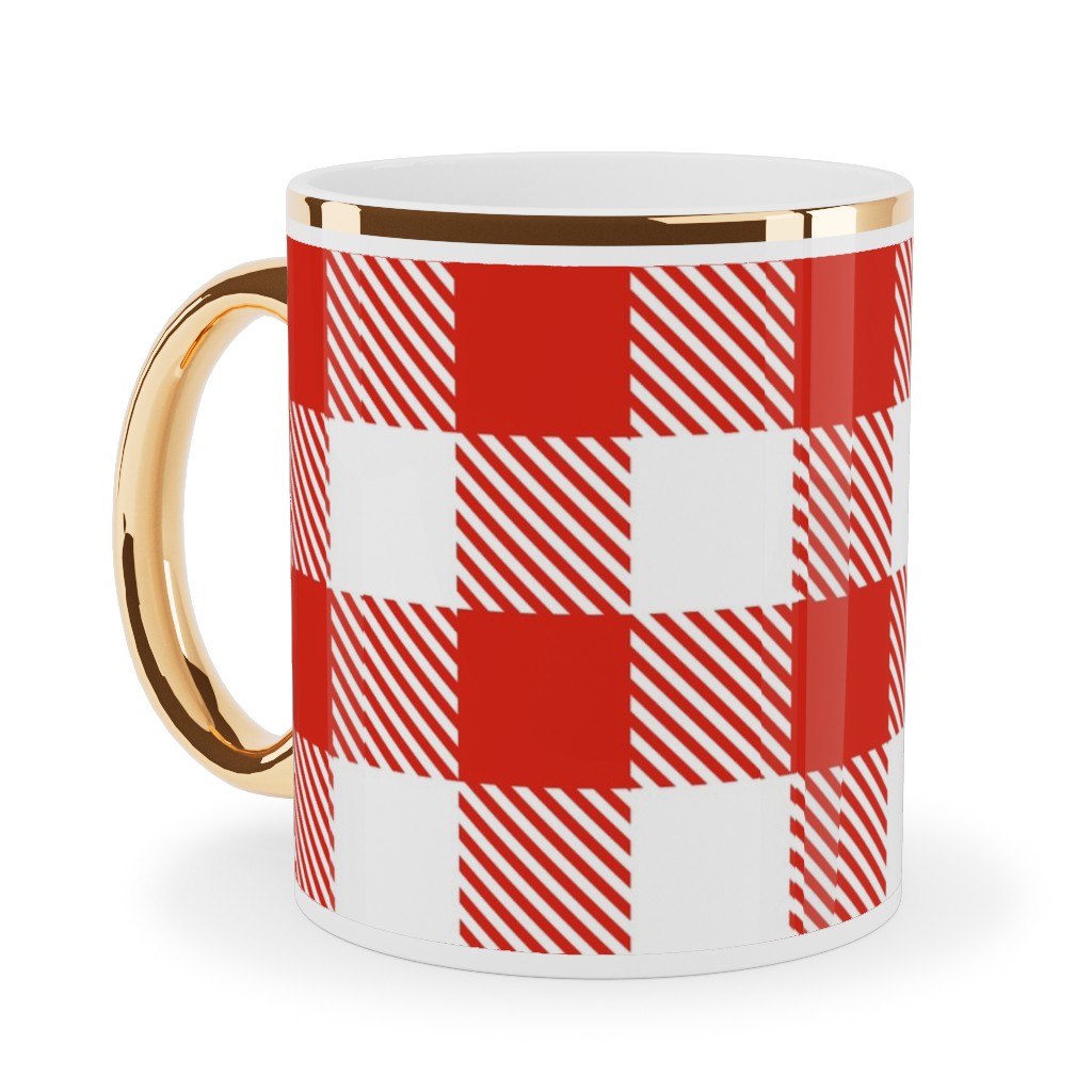 Red Gingham Pattern Ceramic Mug, Gold Handle,  , 11oz, Red