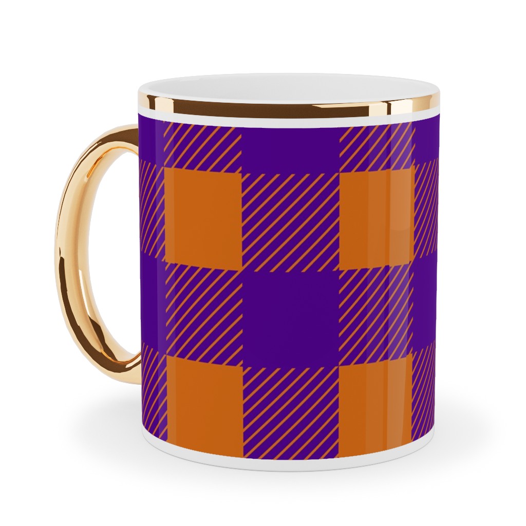 Buffalo Checked Plaid Ceramic Mug, Gold Handle, , 11oz, Purple, Grape Jelly