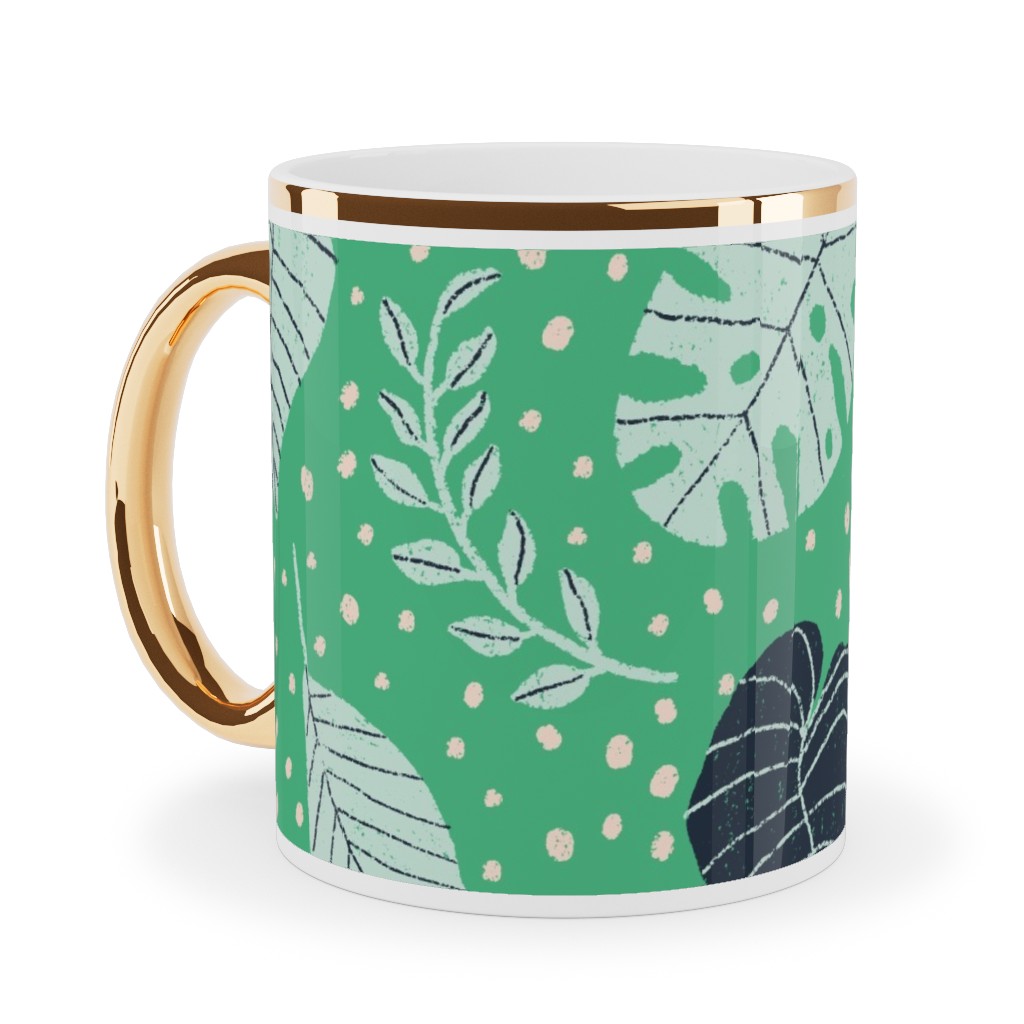 Leafy Jungle - Green Ceramic Mug, Gold Handle, , 11oz, Green, Classic Green