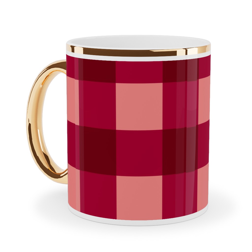 Gingham Check - Red and Pink Ceramic Mug, Gold Handle,  , 11oz, Red