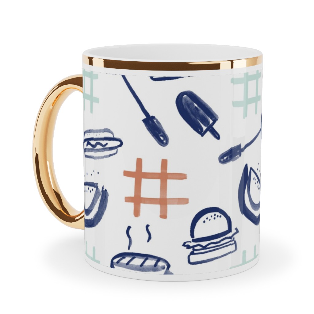 Summer Cookout Ceramic Mug, Gold Handle, , 11oz, Blue, True Blue