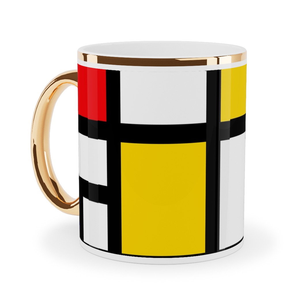 Mondrian Ceramic Mug, Gold Handle,  , 11oz, Multicolor