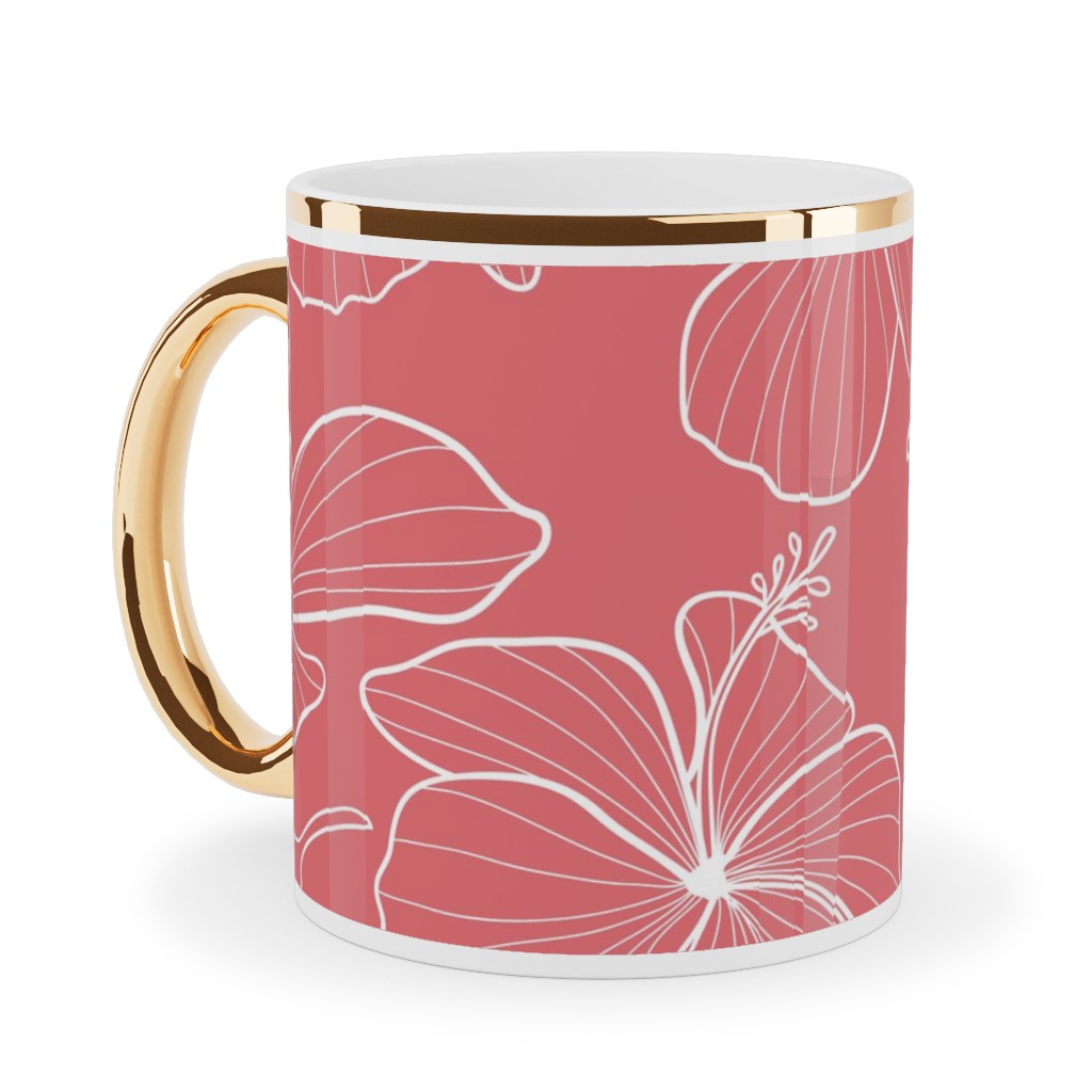 Hibiscus Line Art - Pink Ceramic Mug, Gold Handle,  , 11oz, Pink