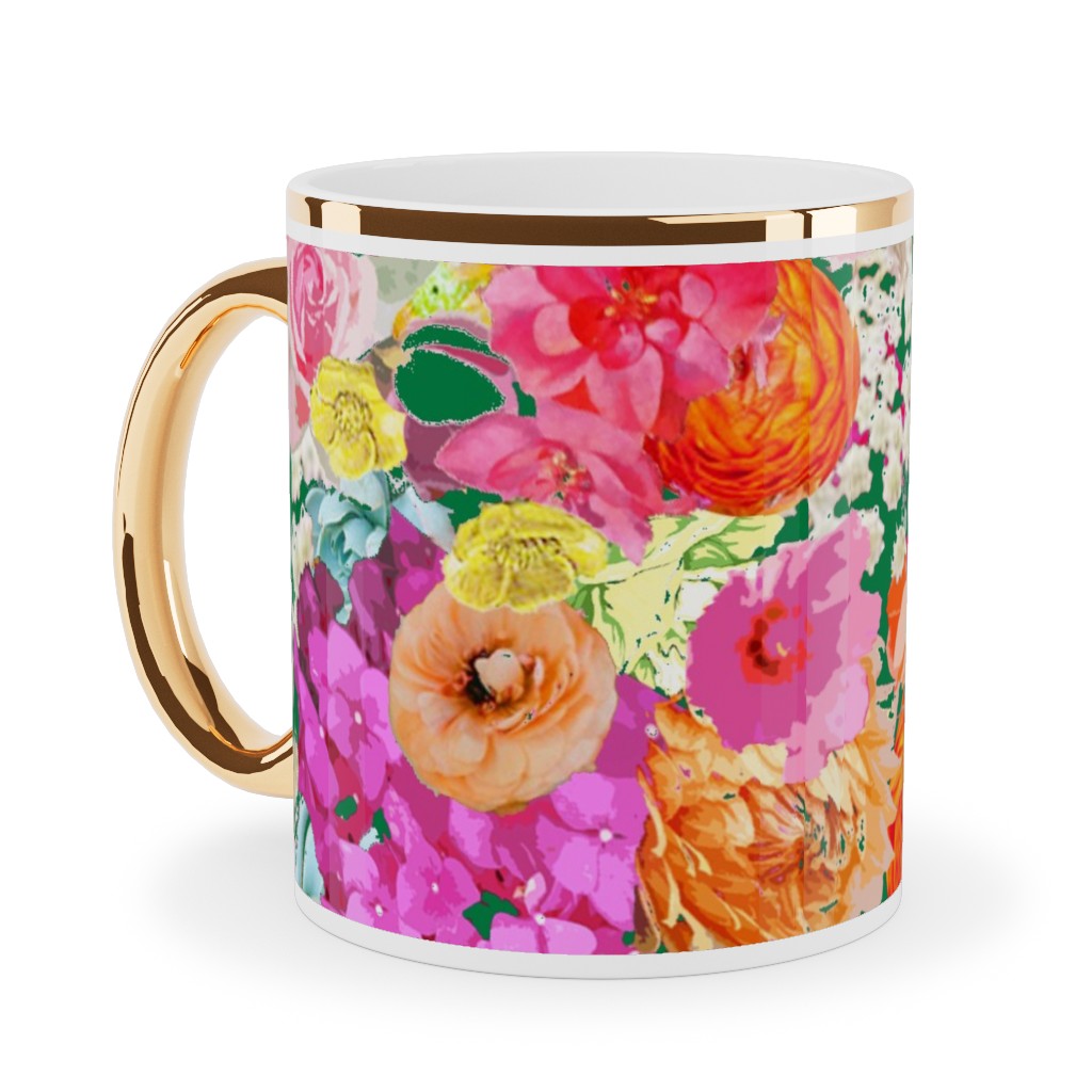 Summer Bright Floral - Kelly Green Ceramic Mug, Gold Handle,  , 11oz, Pink