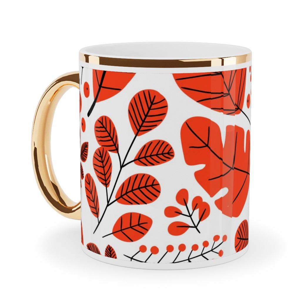 Red Leaves Ceramic Mug, Gold Handle,  , 11oz, Red
