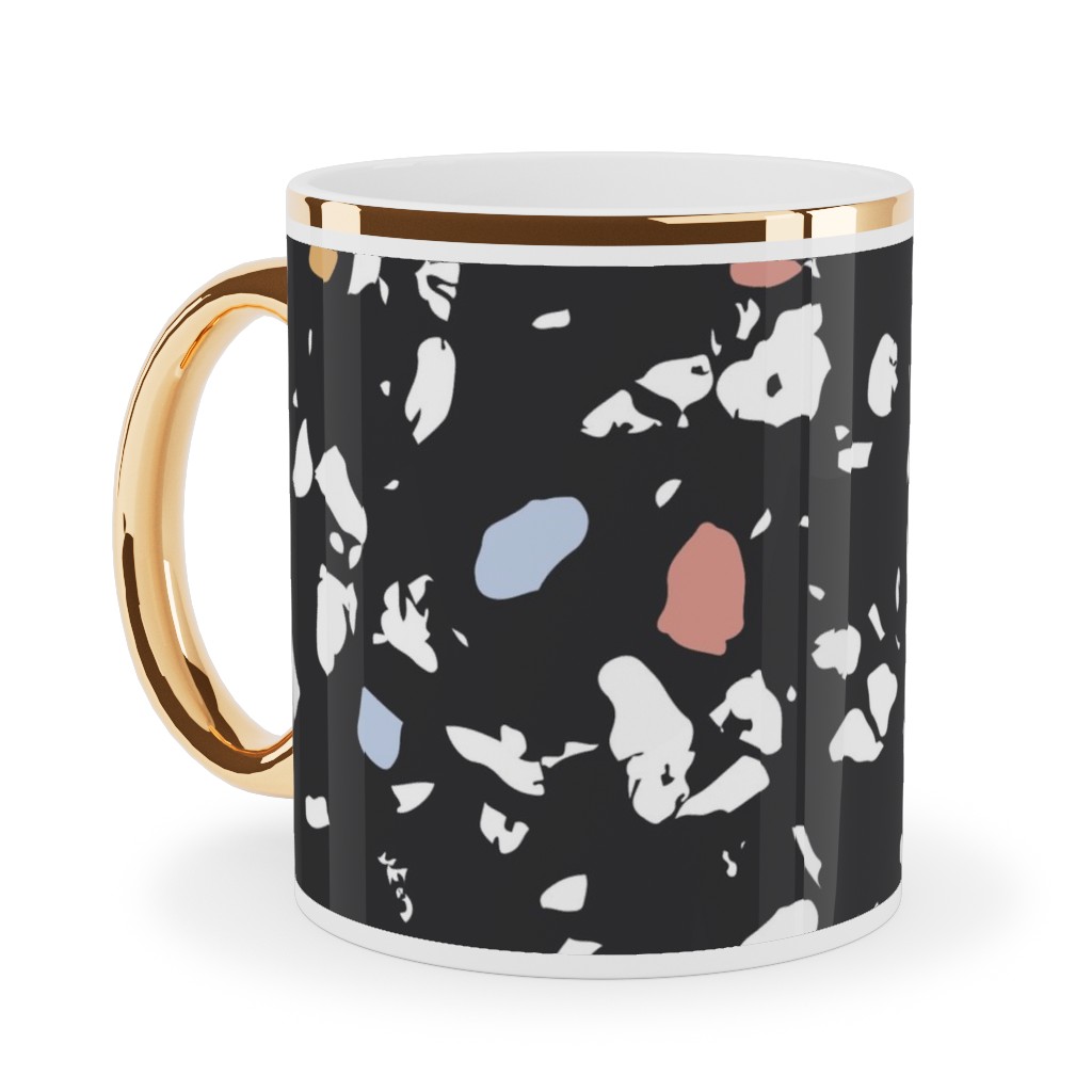 Terrazzo Print - Dark Ceramic Mug, Gold Handle, , 11oz, Black, Black