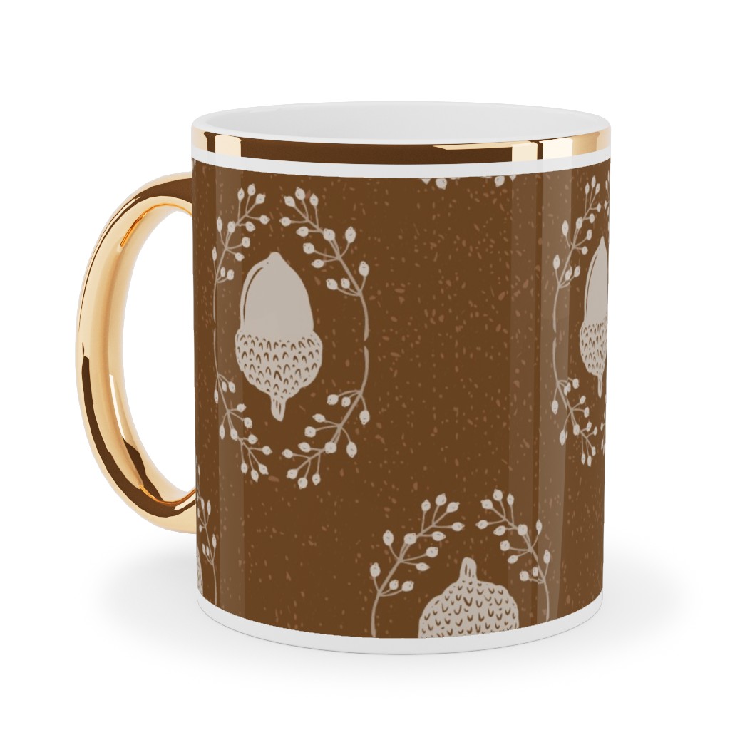 Autumn Acorn Rosehip Textured Damask Ceramic Mug, Gold Handle, , 11oz, Brown, Sap