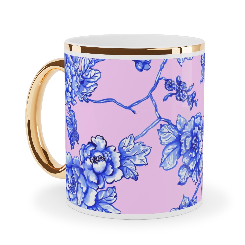 Chinoiserie Floral - Blush Ceramic Mug, Gold Handle,  , 11oz, Pink