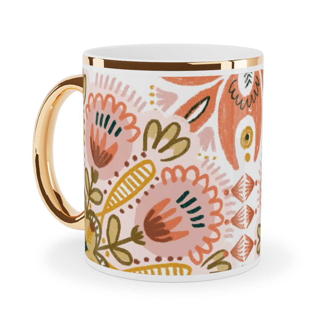 Pysanky - Boho - Warm Ceramic Mug, Gold Handle, , 11oz, Pink, Bright Pink