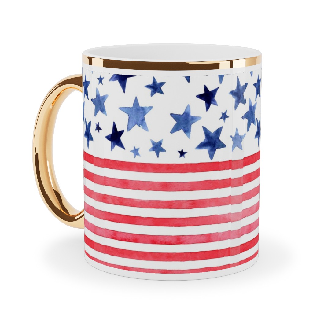 Watercolor Stars and Stripes - Red White and Blue Ceramic Mug, Gold Handle, , 11oz, Red, Red