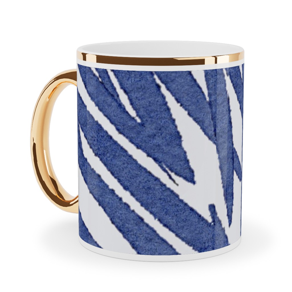 Watercolor Fronds - Cobalt Ceramic Mug, Gold Handle, , 11oz, Blue, True Blue