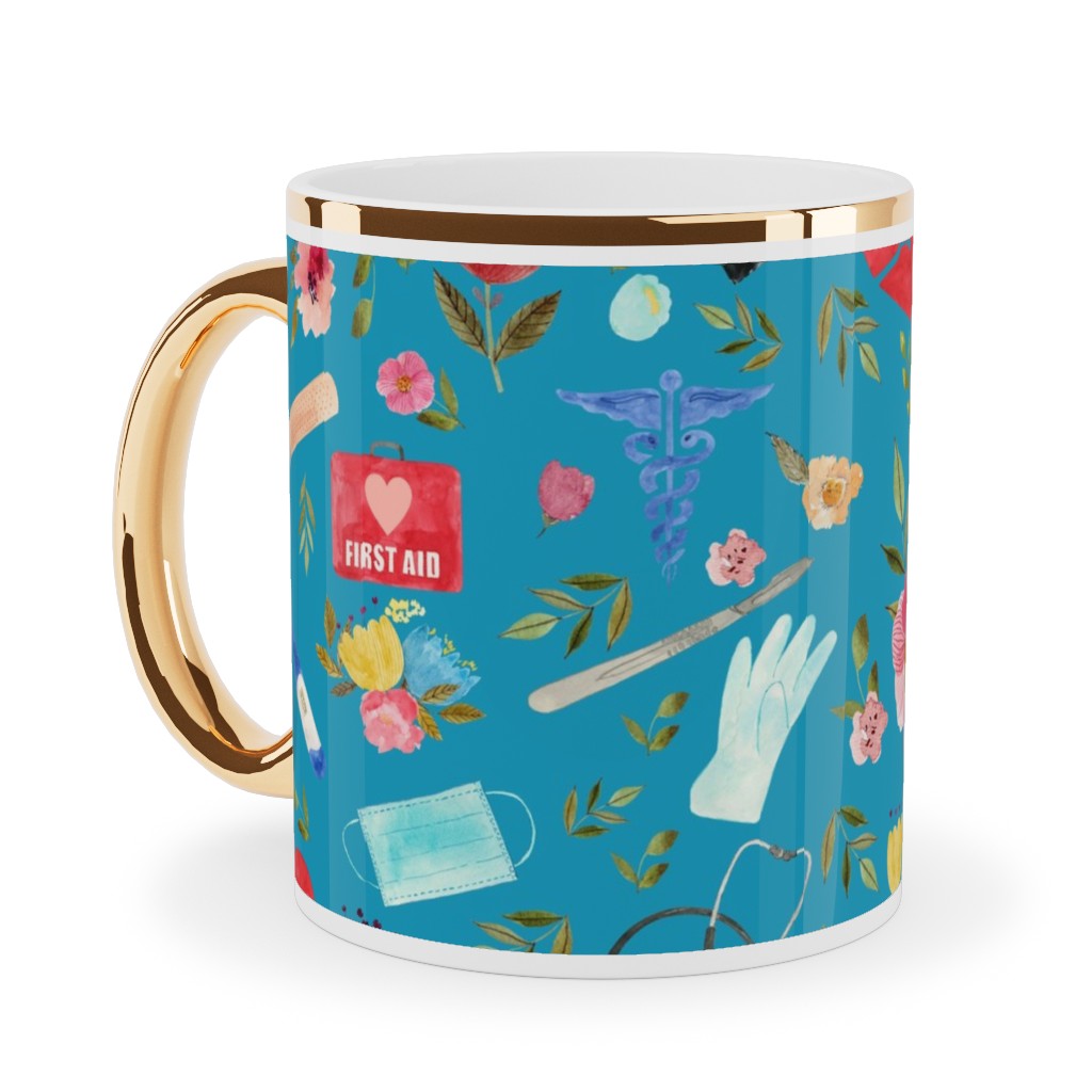 Love To Care Ceramic Mug, Gold Handle, , 11oz, Blue, Aquatic Blue