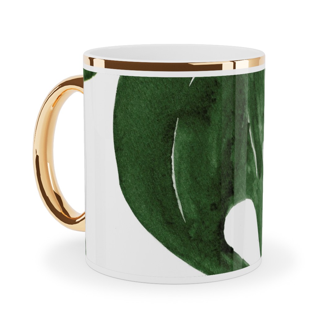 Monstera Tropical Leaves - Green Ceramic Mug, Gold Handle, , 11oz, Green, Classic Green