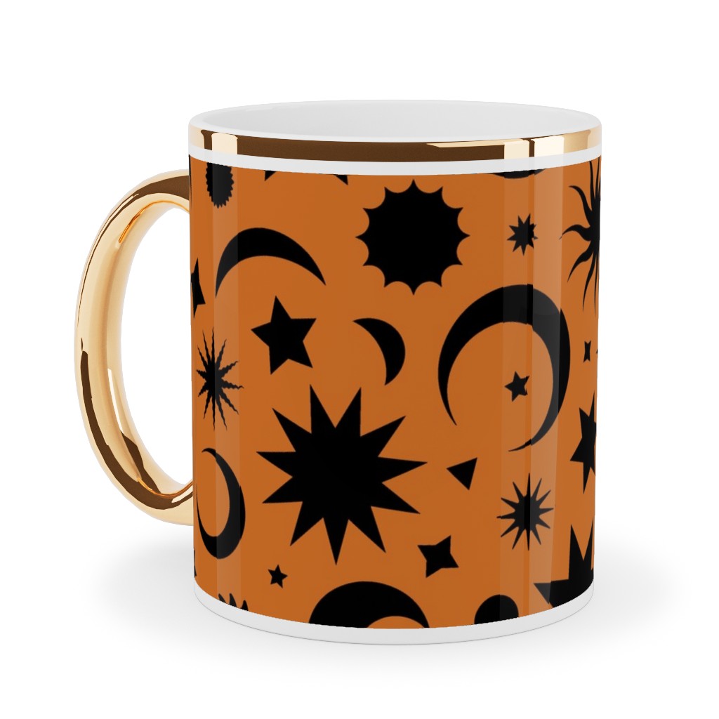Celestial Kilim - Orange and Black Ceramic Mug, Gold Handle, , 11oz, Orange, Orange