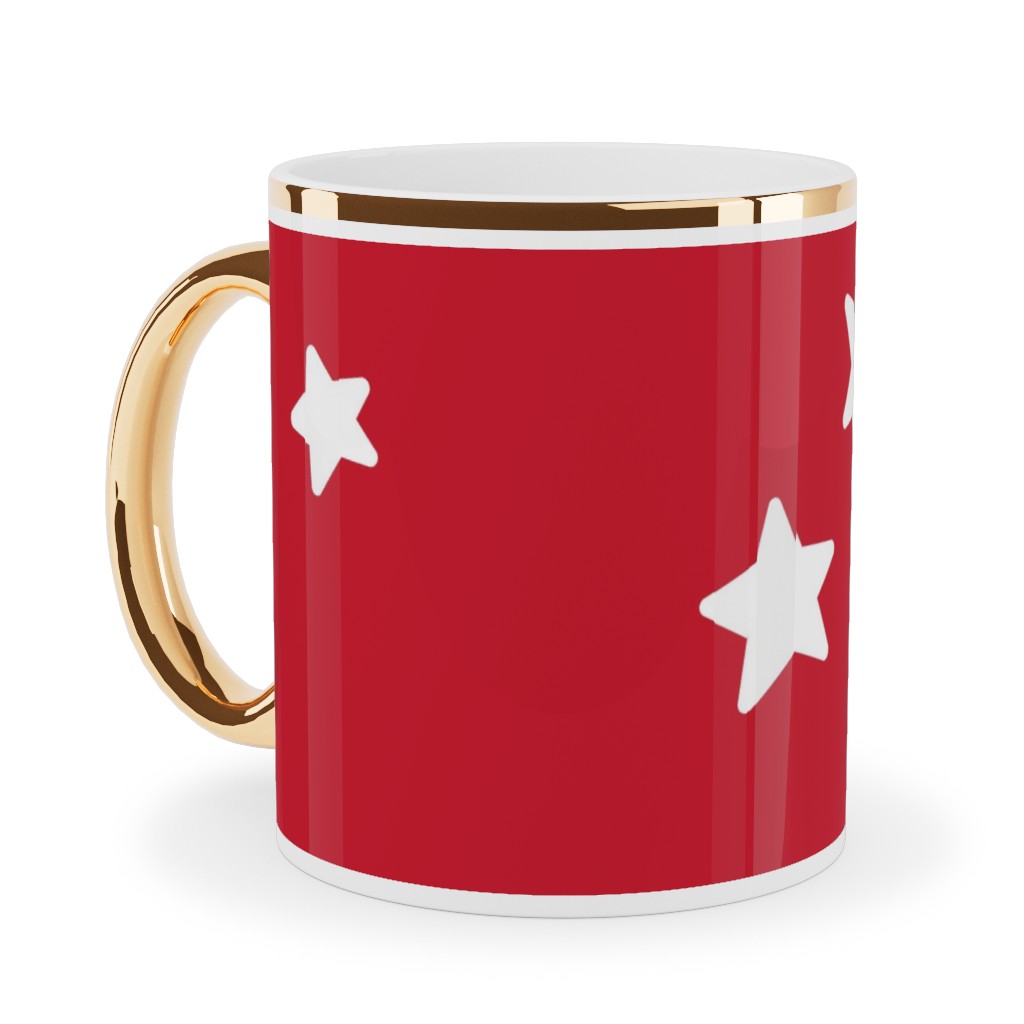 Stars Ceramic Mug, Gold Handle,  , 11oz, Red
