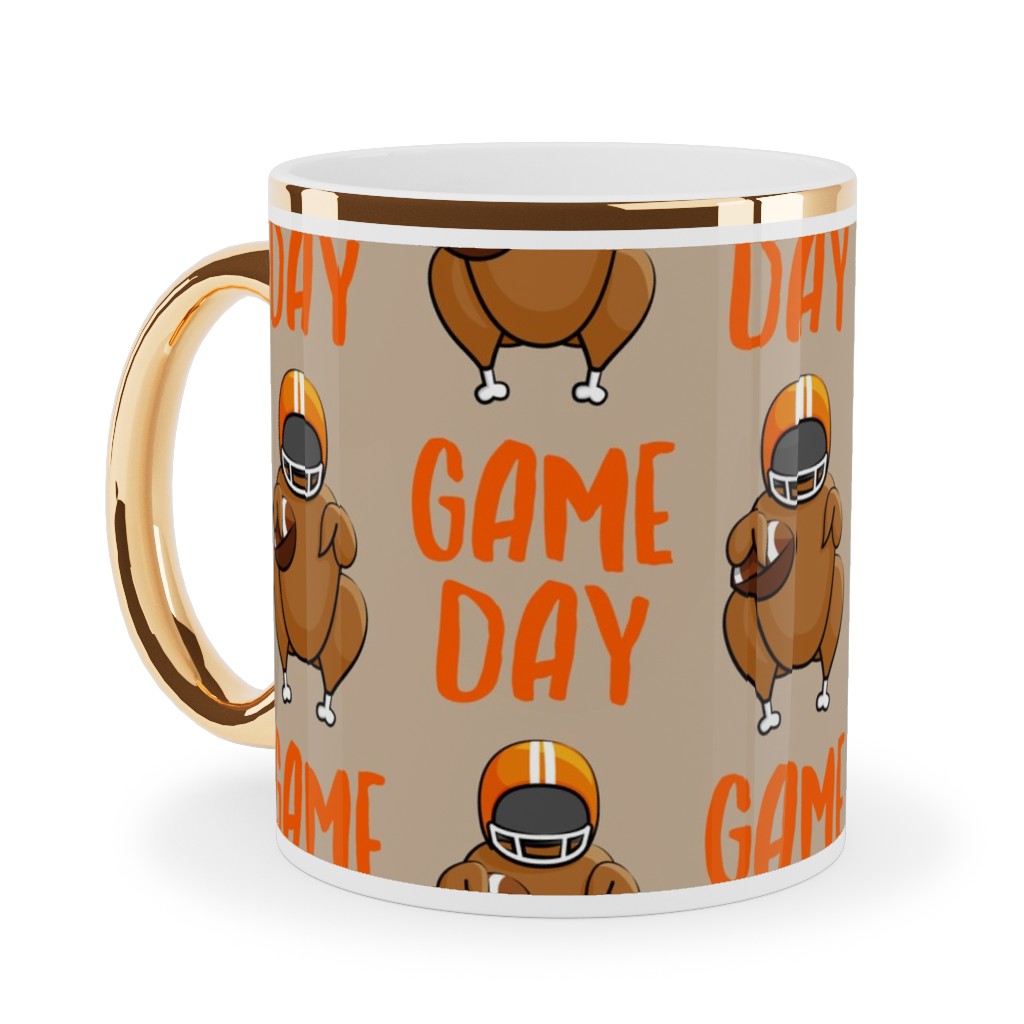 Game Day Turkey With Football - Tan Ceramic Mug, Gold Handle, , 11oz, Beige, Pearl