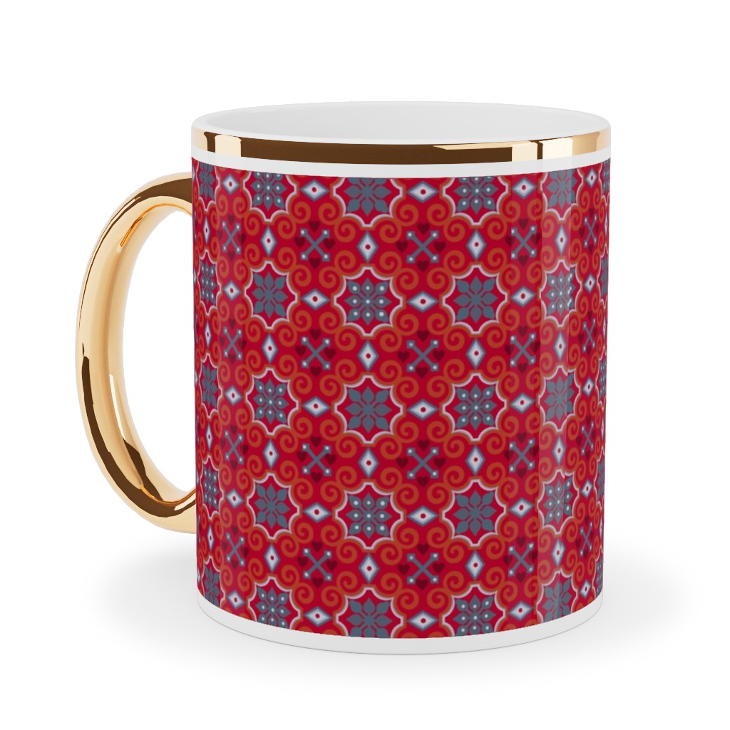 Oriental Ornament - Red Ceramic Mug, Gold Handle,  , 11oz, Red
