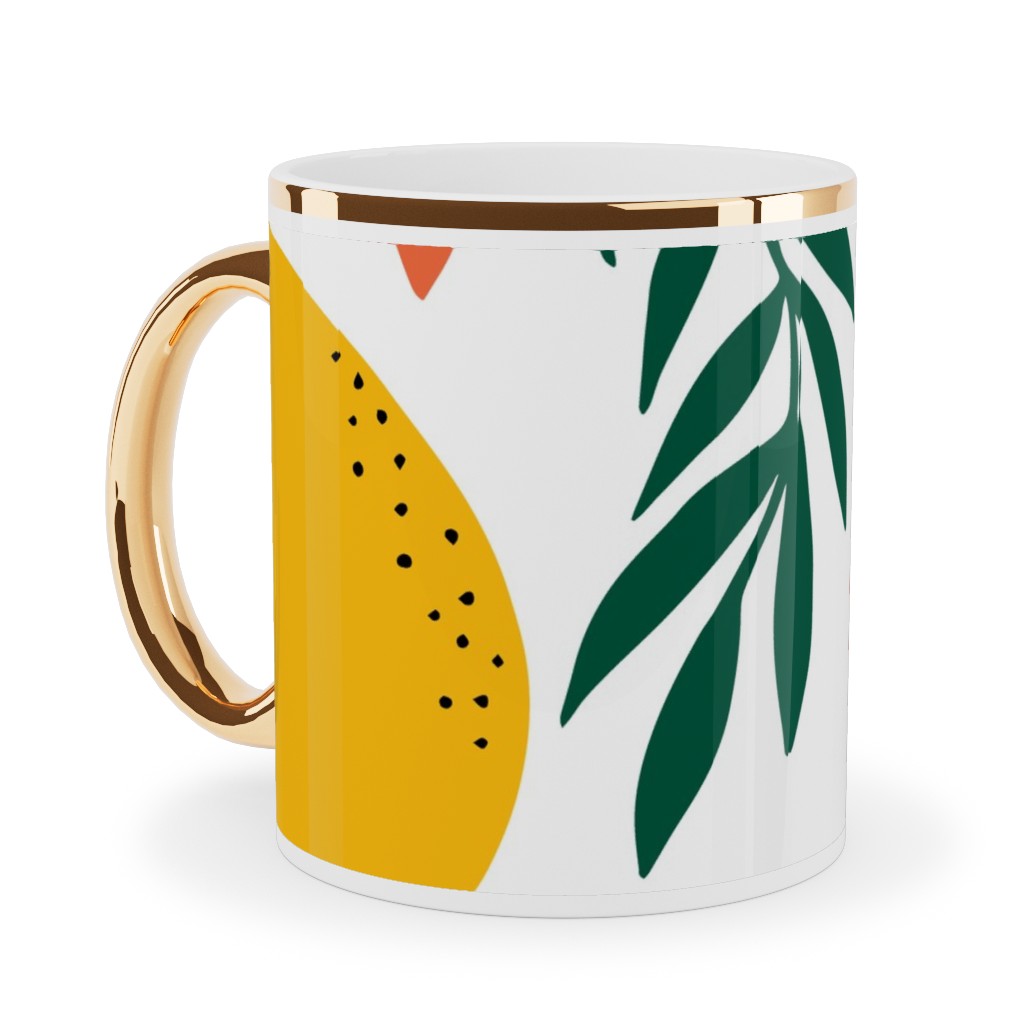 Citrus Grove - Pink and Yellow Ceramic Mug, Gold Handle, , 11oz, Pink, Bright Pink