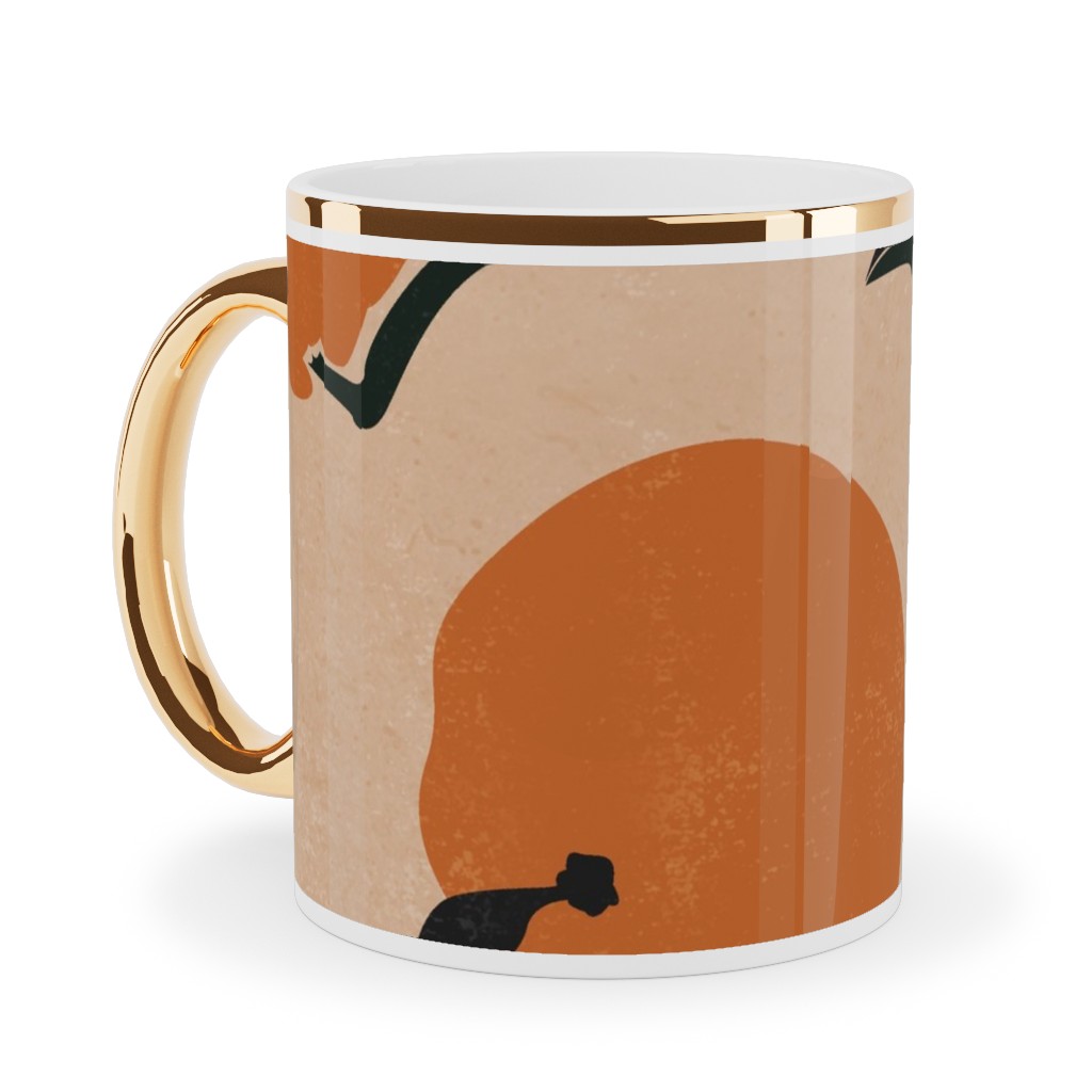 Mid-Century Clementines - Sandy Beige Ceramic Mug, Gold Handle,  , 11oz, Orange