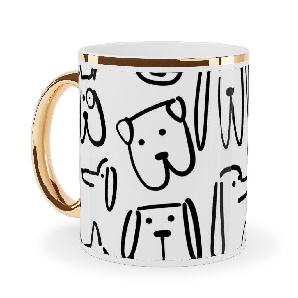 Playful Pups - Black and White Ceramic Mug, Gold Handle, , 11oz, White, White