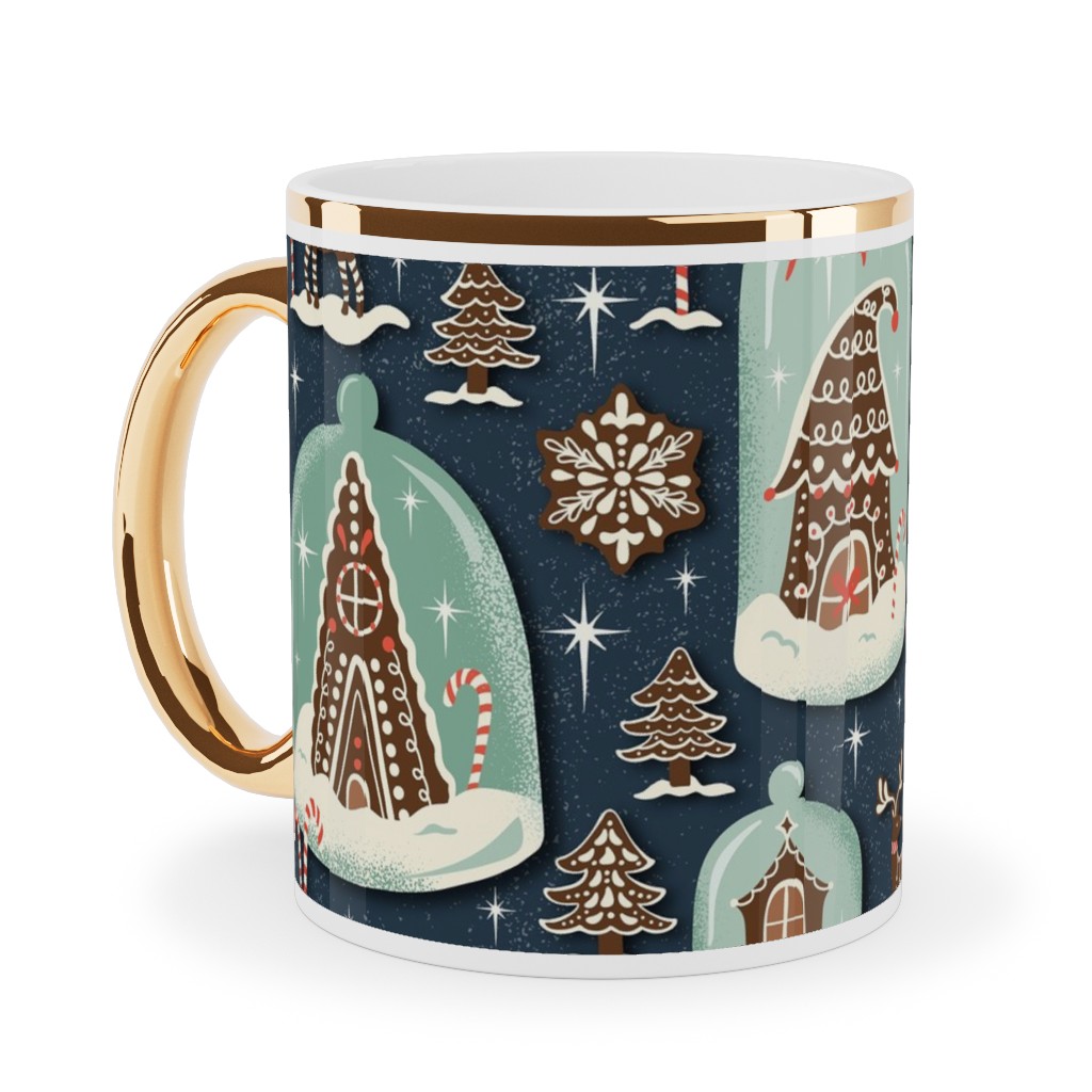 Christmas Gingerbread Village - Blue Ceramic Mug, Gold Handle, , 11oz, Multicolor