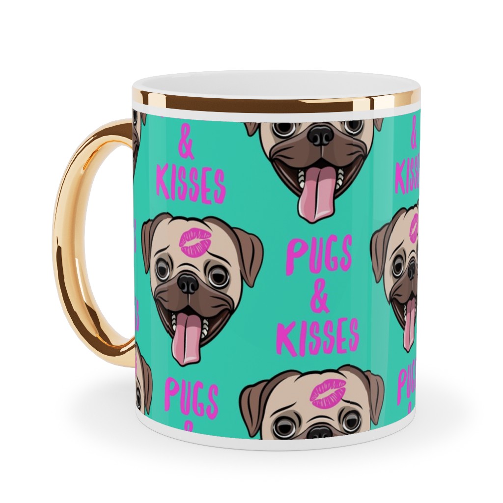 Pugs & Kisses - Cute Pug Dog - Teal Ceramic Mug, Gold Handle,  , 11oz, Green