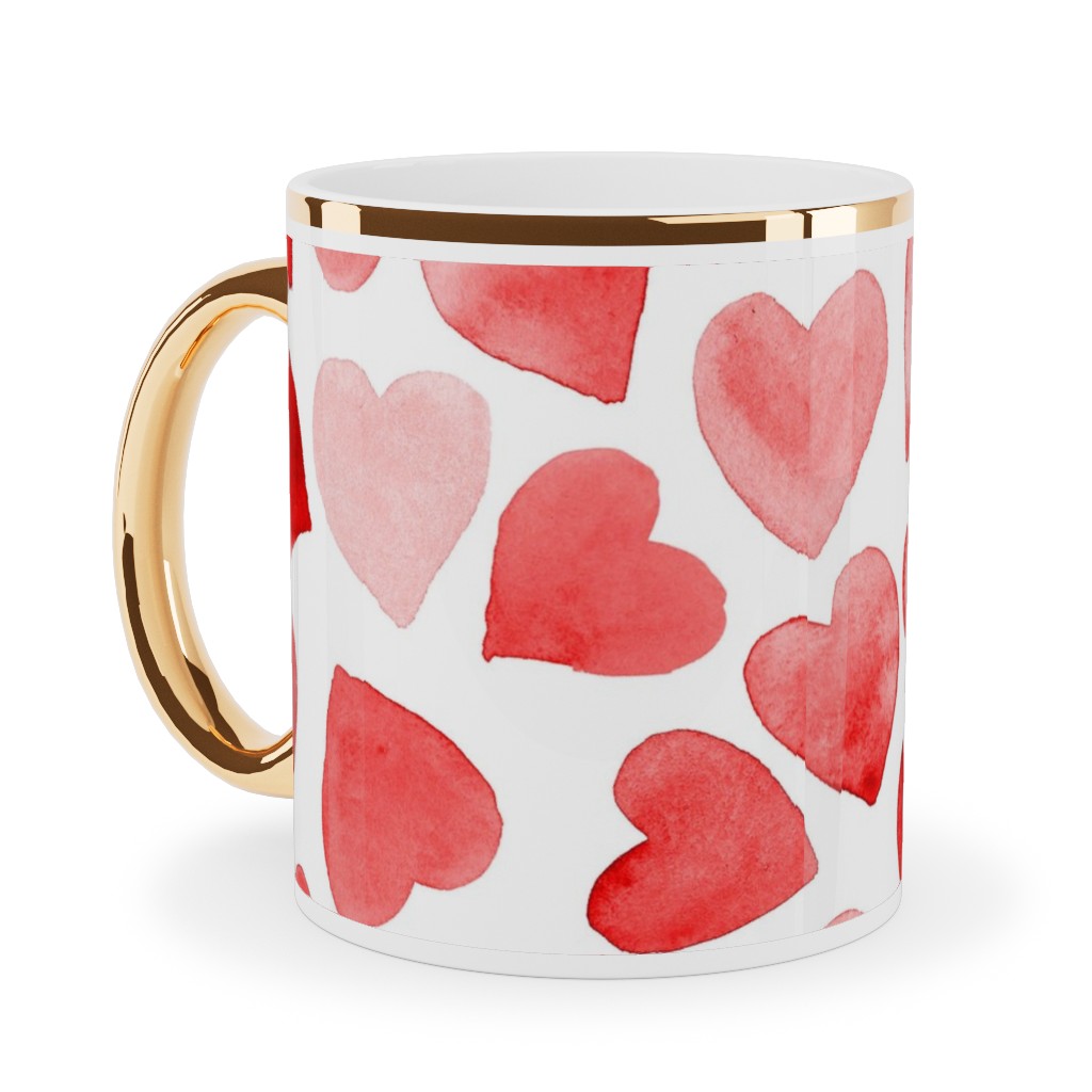 Red Hearts Watercolor - Red Ceramic Mug, Gold Handle, , 11oz, Red, Red