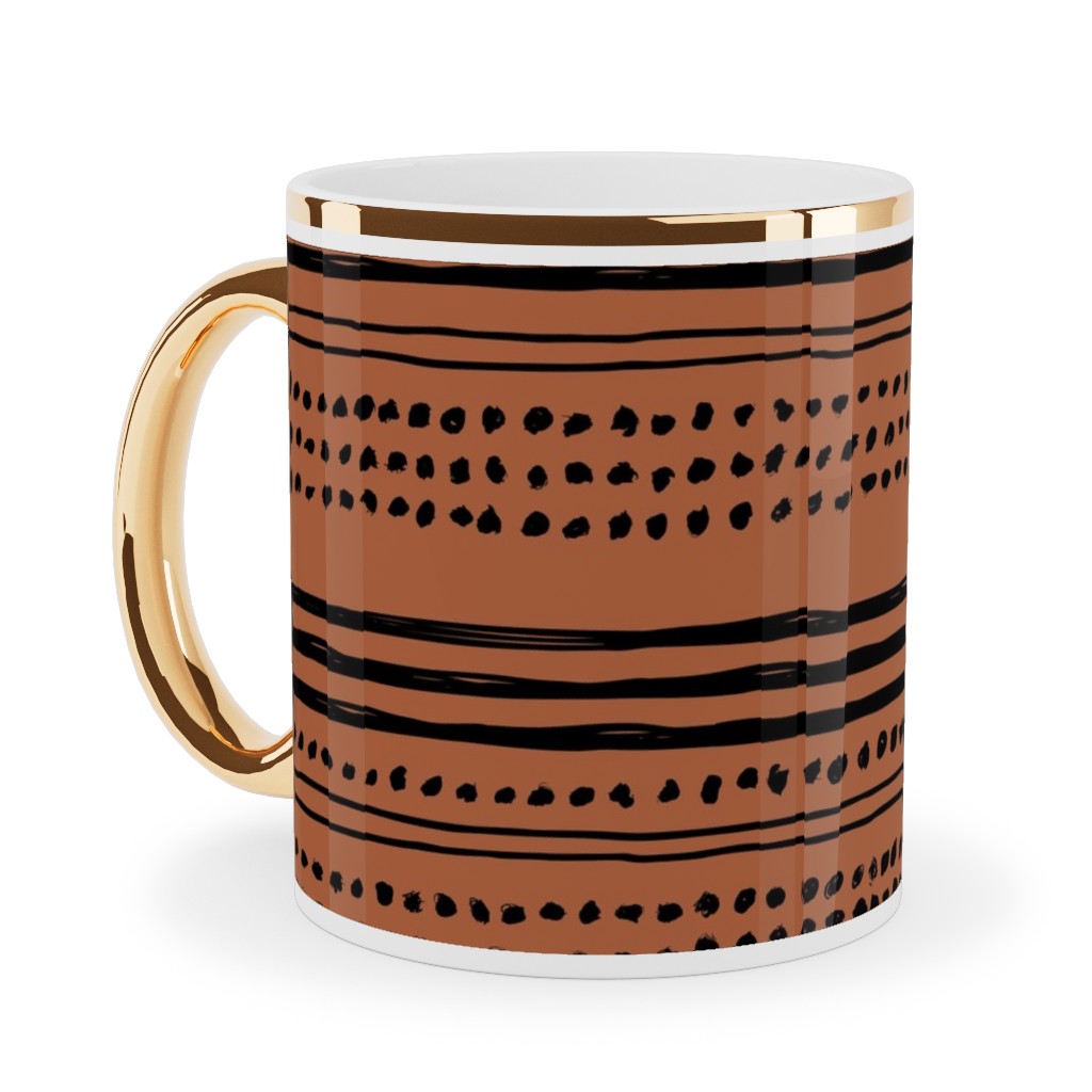 Minimal Mudcloth Ceramic Mug, Gold Handle,  , 11oz, Red