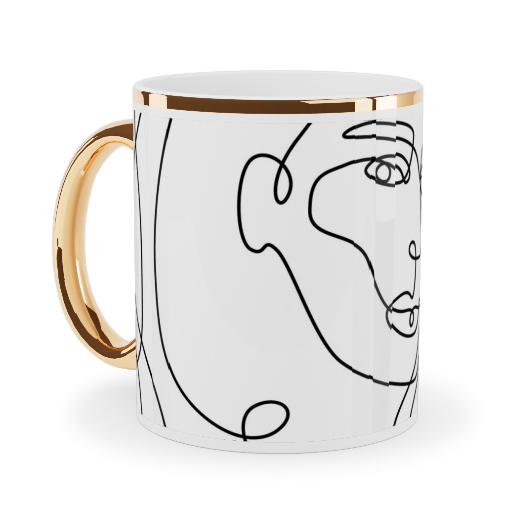 Hand Drawn Women Ceramic Mug, Gold Handle, , 11oz, White, White