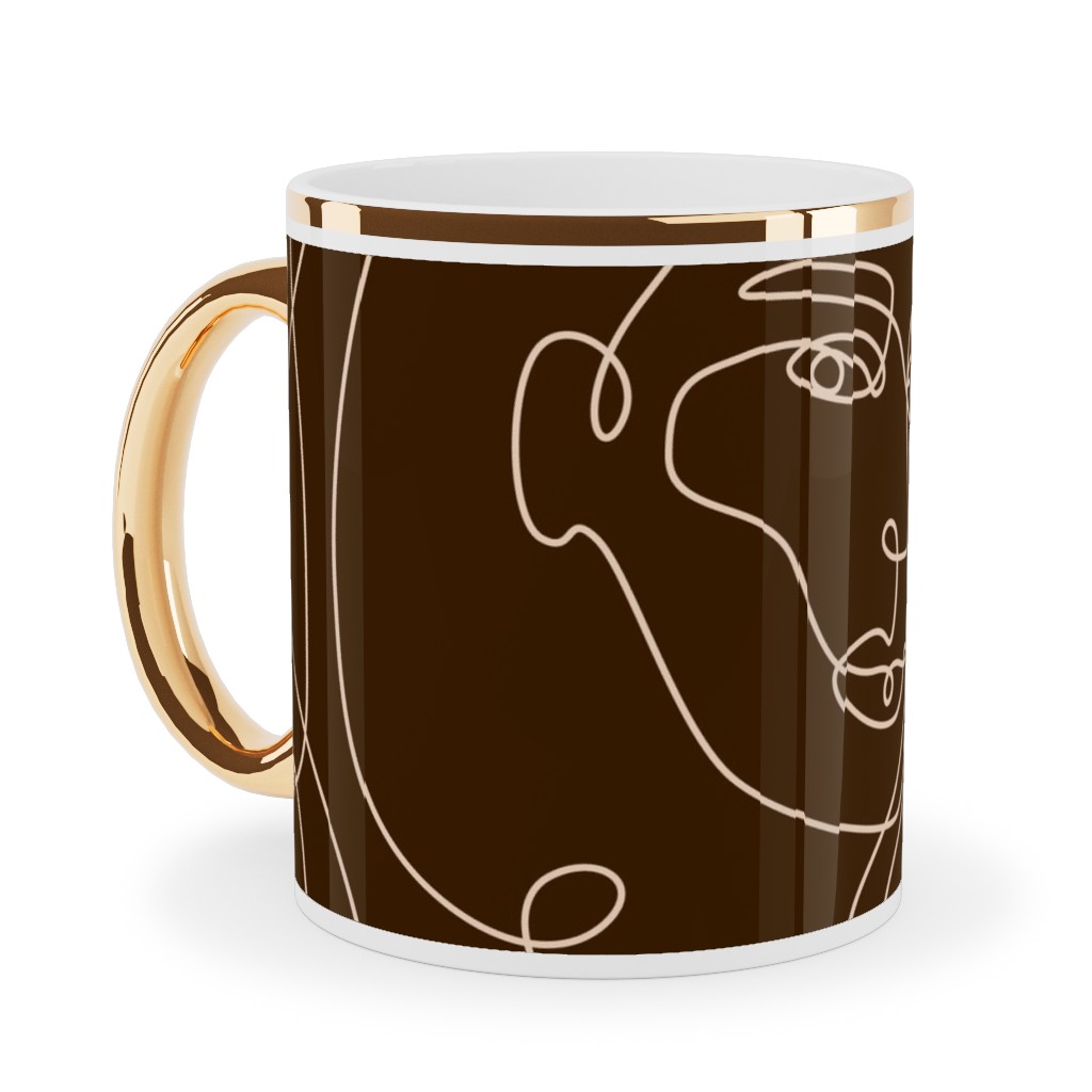 Hand Drawn Women Ceramic Mug, Gold Handle, , 11oz, Brown, Dark Chocolate