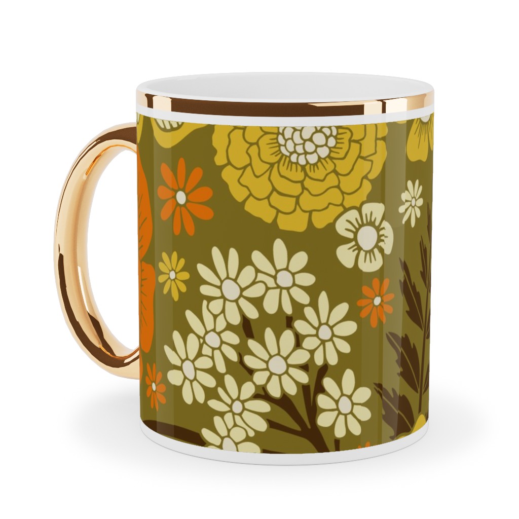 1970s Retro/Vintage Floral - Yellow and Brown Ceramic Mug, Gold Handle, , 11oz, Yellow, Classic Yellow