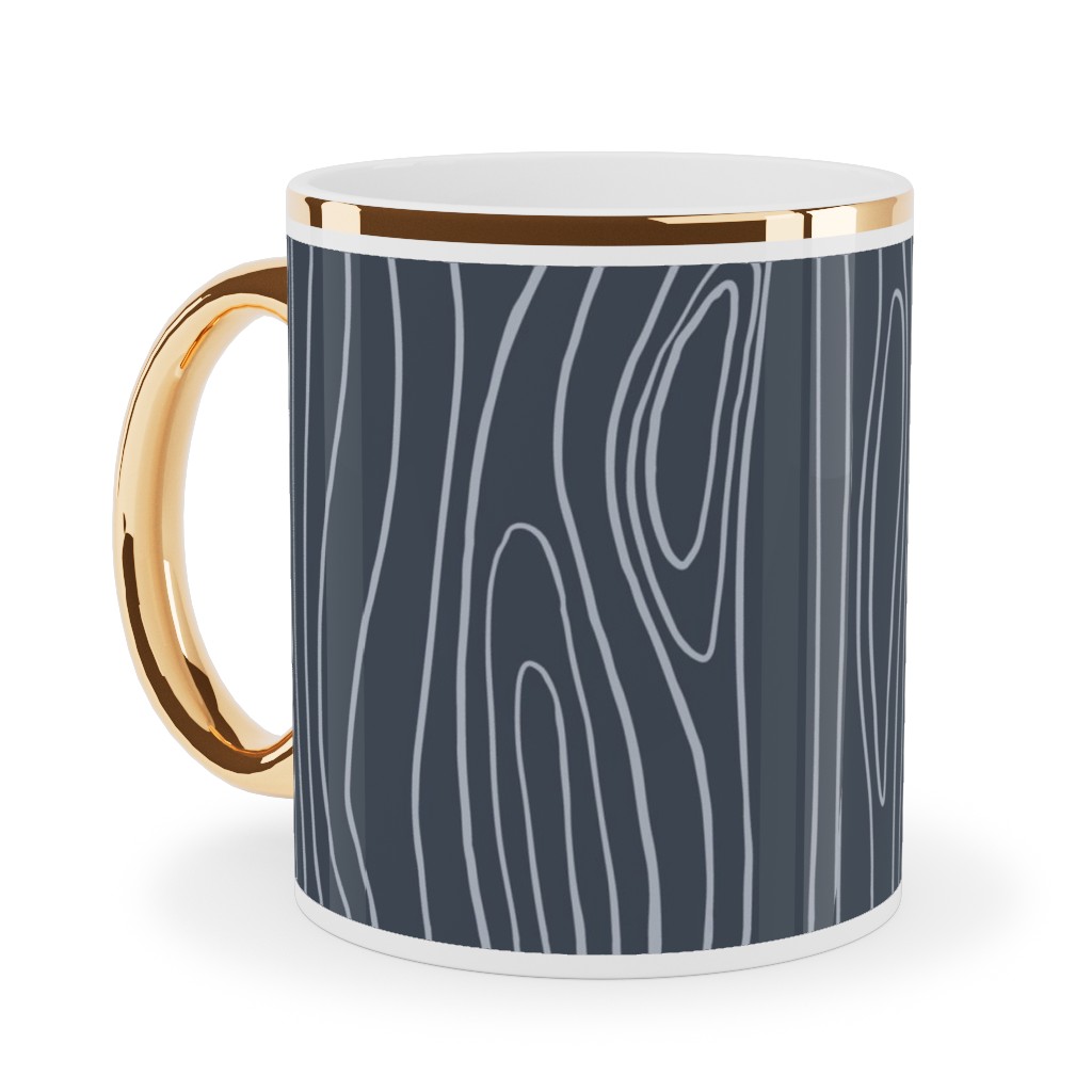 Wood Grain Ceramic Mug, Gold Handle, , 11oz, Blue, Gray