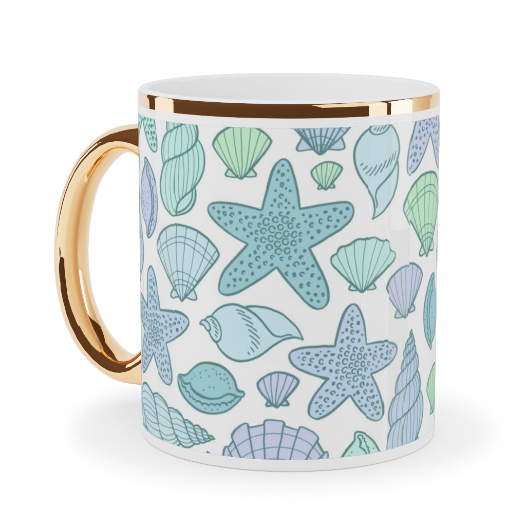 Seashells - Cool Blues Ceramic Mug, Gold Handle, , 11oz, Blue, True Blue