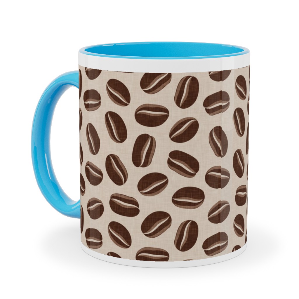 Coffee Beans - Coffee House - Beige Ceramic Mug, Light Blue,  , 11oz, Brown