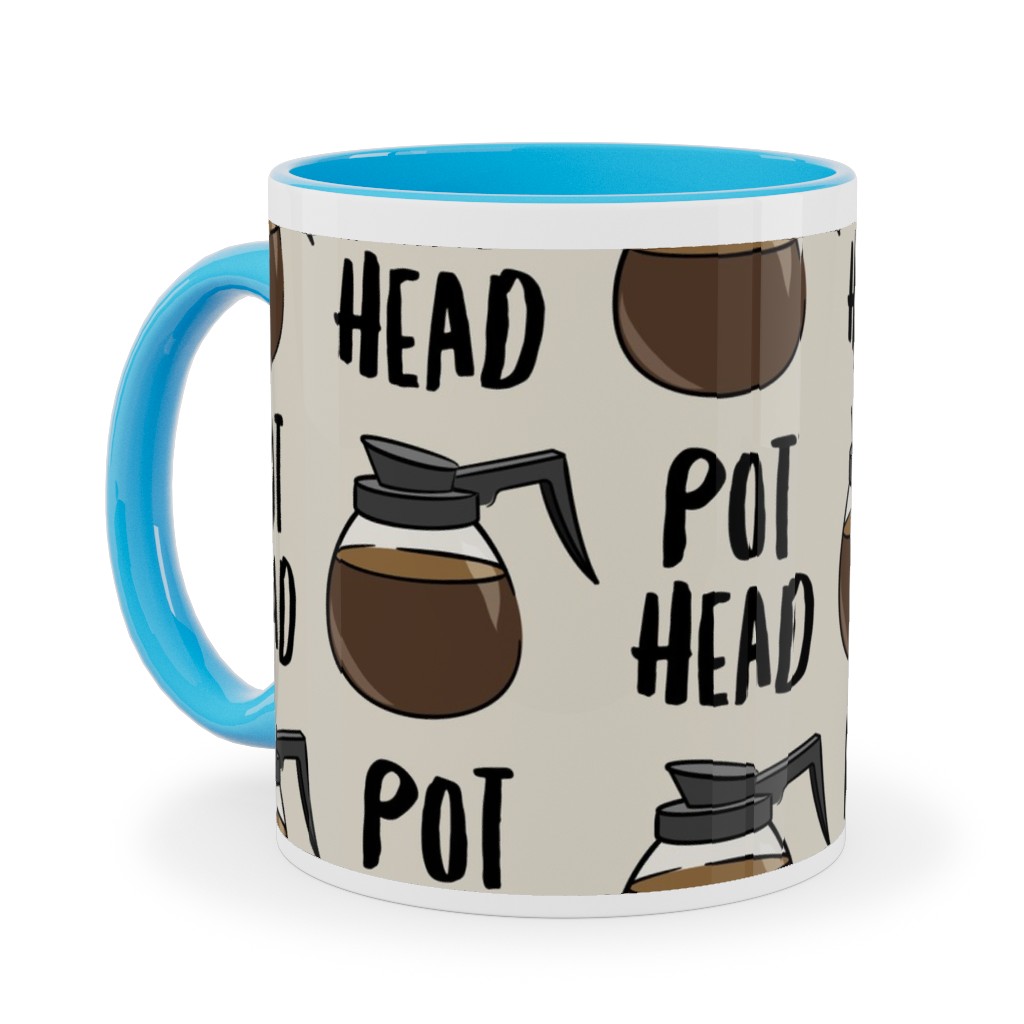 Coffee Pots - Beige Ceramic Mug, Light Blue,  , 11oz, Brown