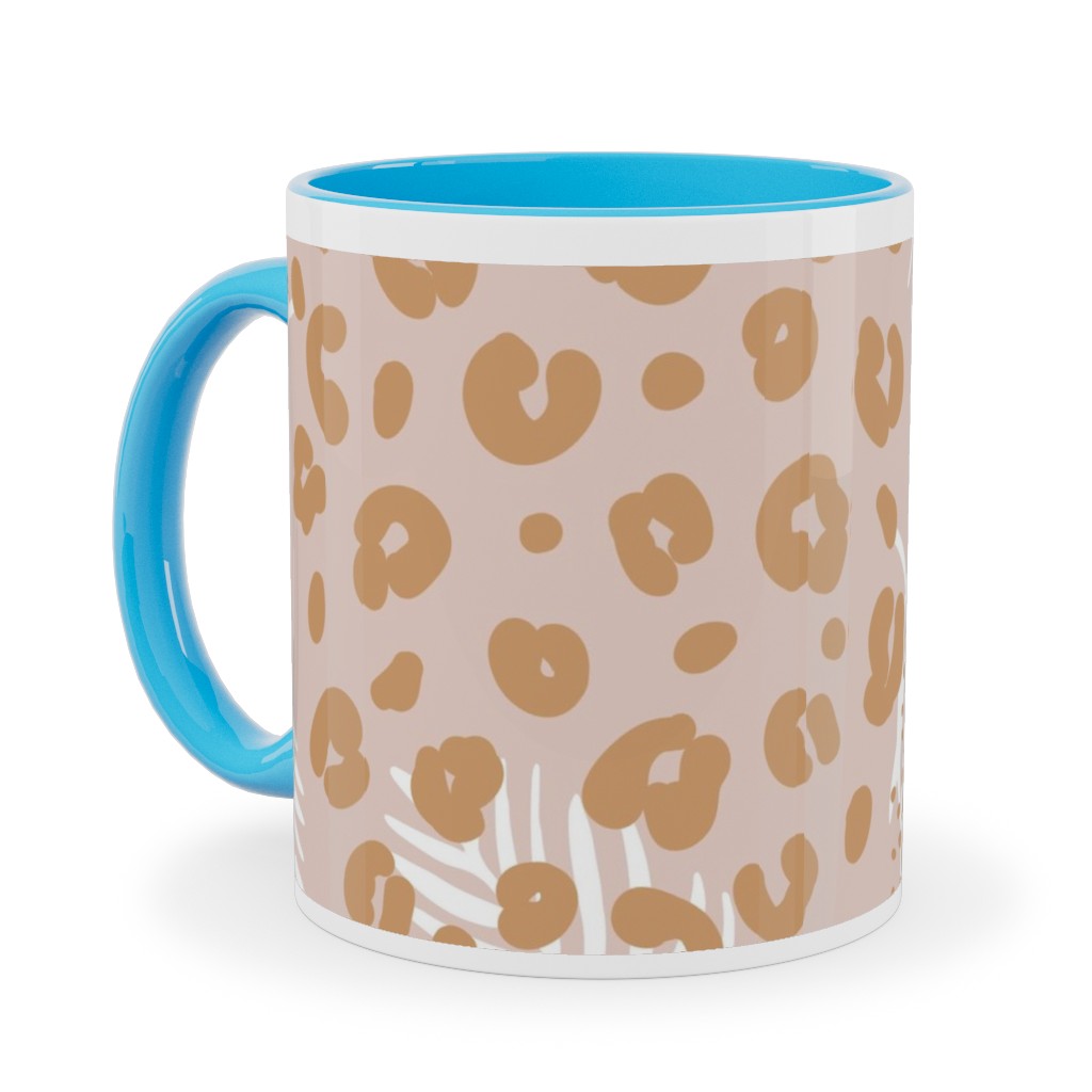 Palm Leaves and Animal Panther Spots - Beige Ceramic Mug, Light Blue, , 11oz, Pink, Bright Pink