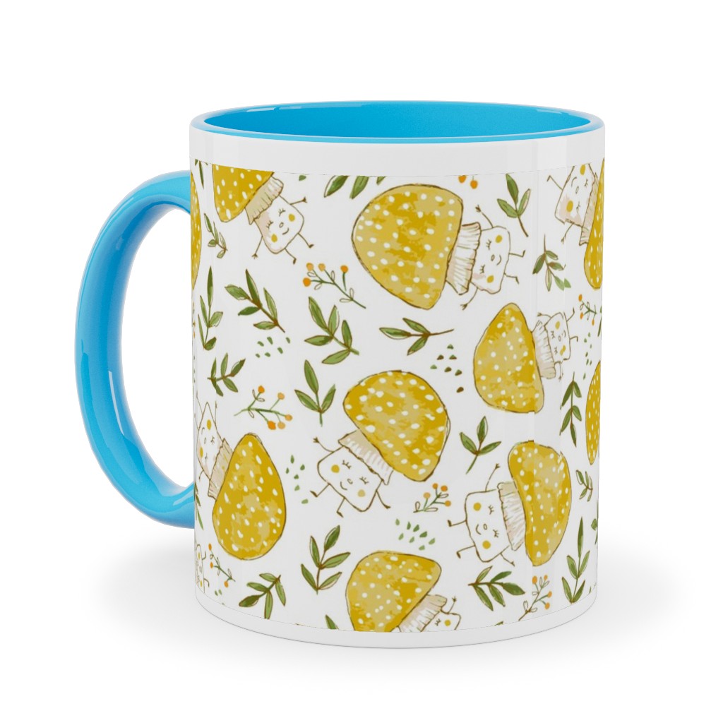 the Happiest Little Mushrooms - Yellow Ceramic Mug, Light Blue, , 11oz, Yellow, Classic Yellow