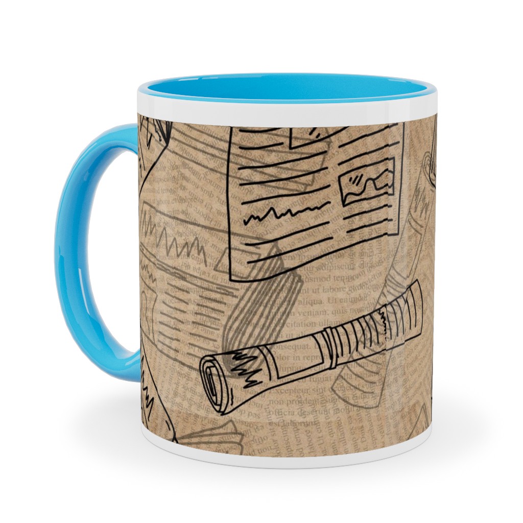 Newsprint Ceramic Mug, Light Blue, , 11oz, Brown, Morning Latte