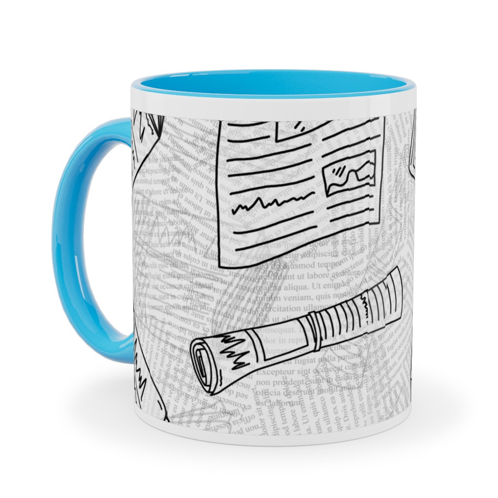 Newsprint Ceramic Mug, Light Blue, , 11oz, White, Fog