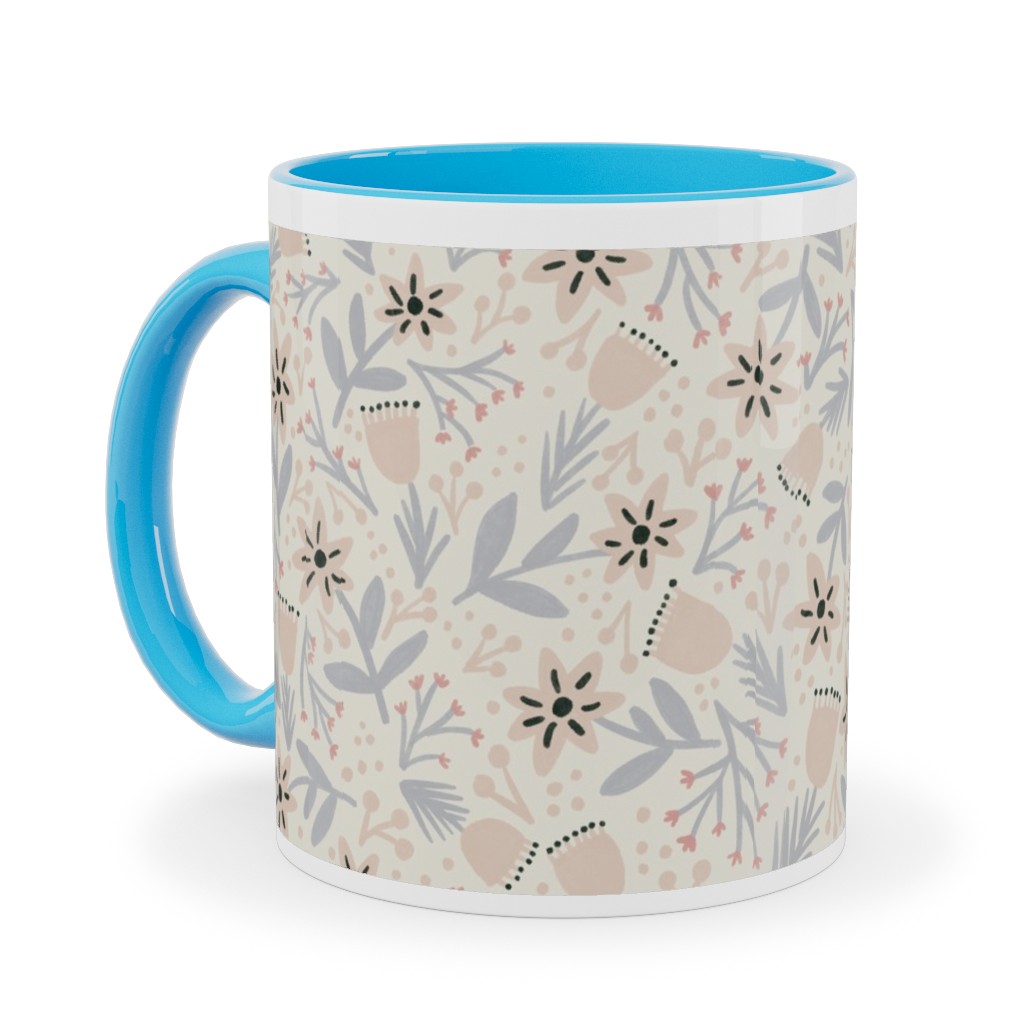 Vintage Flowers - Pastel Pink Ceramic Mug, Light Blue,  , 11oz, Beige