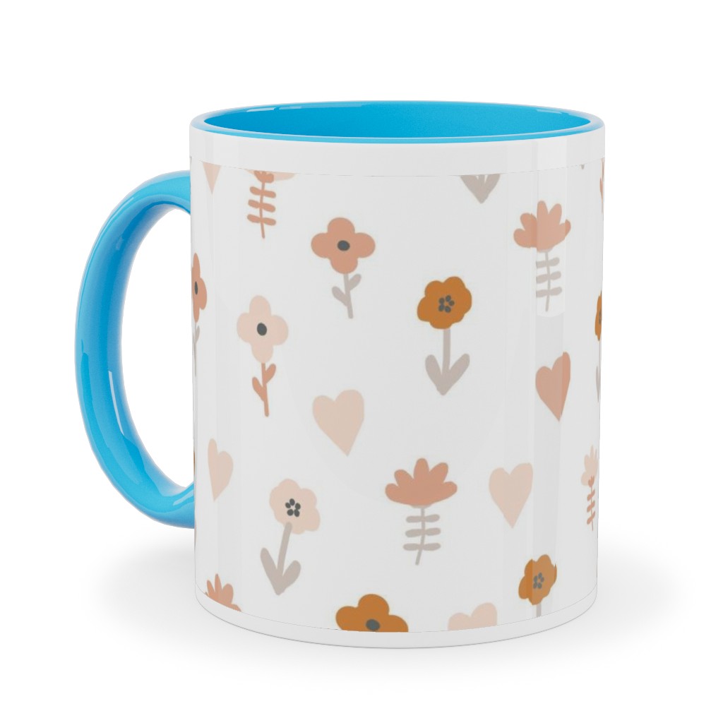 Wild Flowers - Boho - Neutral on White Ceramic Mug, Light Blue, , 11oz, Pink, Bright Pink
