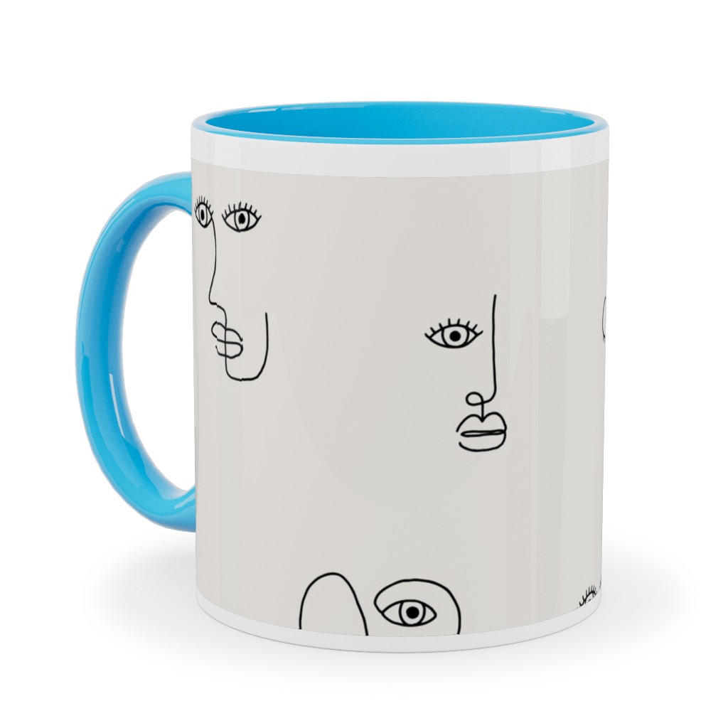 Minimalist Feminist Faces - Line Drawing Ceramic Mug, Light Blue, , 11oz, Beige, Pearl