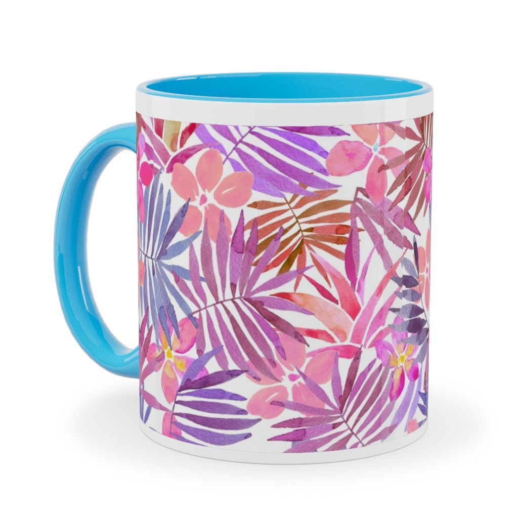 Watercolor Tropical Vibes - Pink Ceramic Mug, Light Blue, , 11oz, Pink, Bright Pink