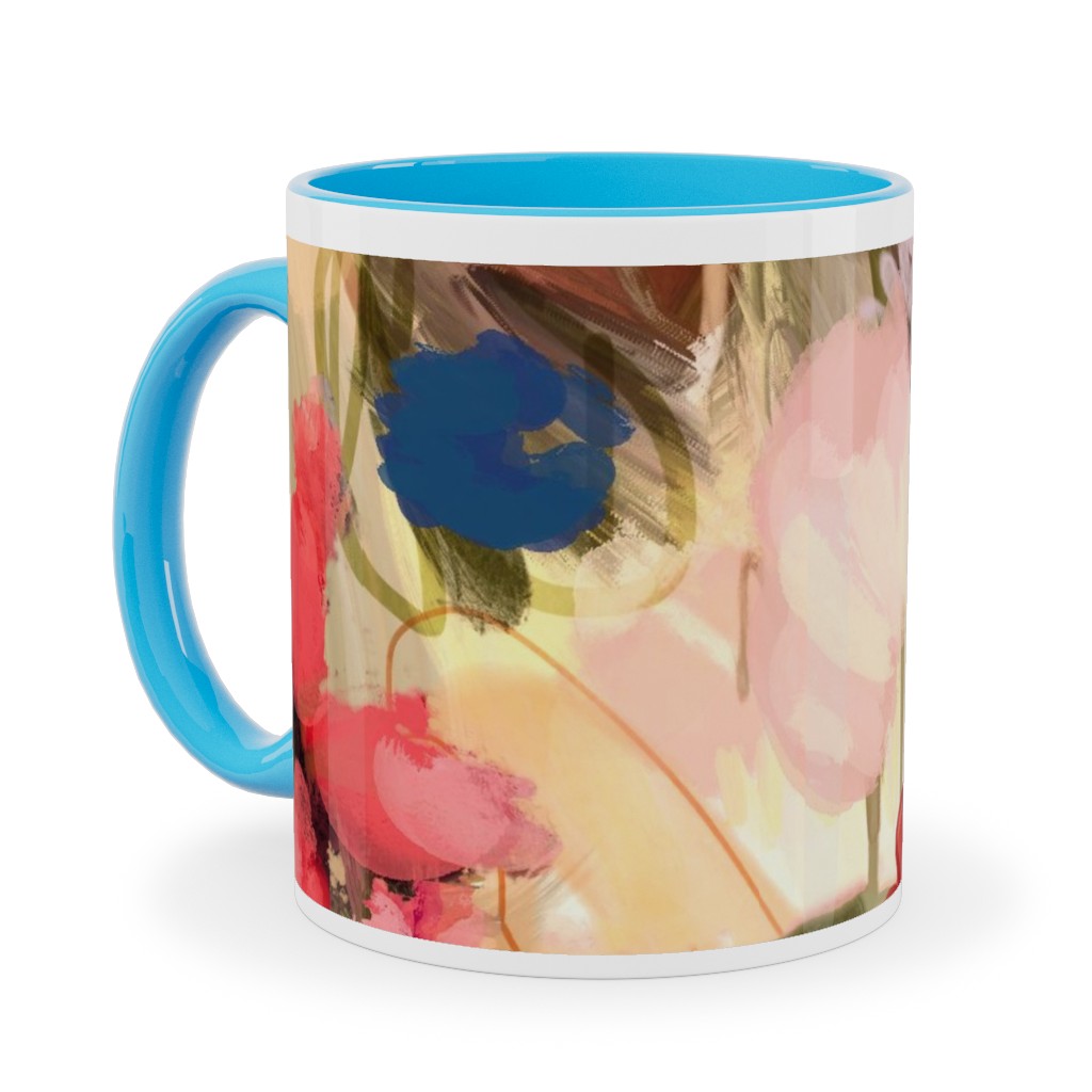 Painterly Abstract Floral Ceramic Mug, Light Blue, , 11oz, Pink, Bright Pink