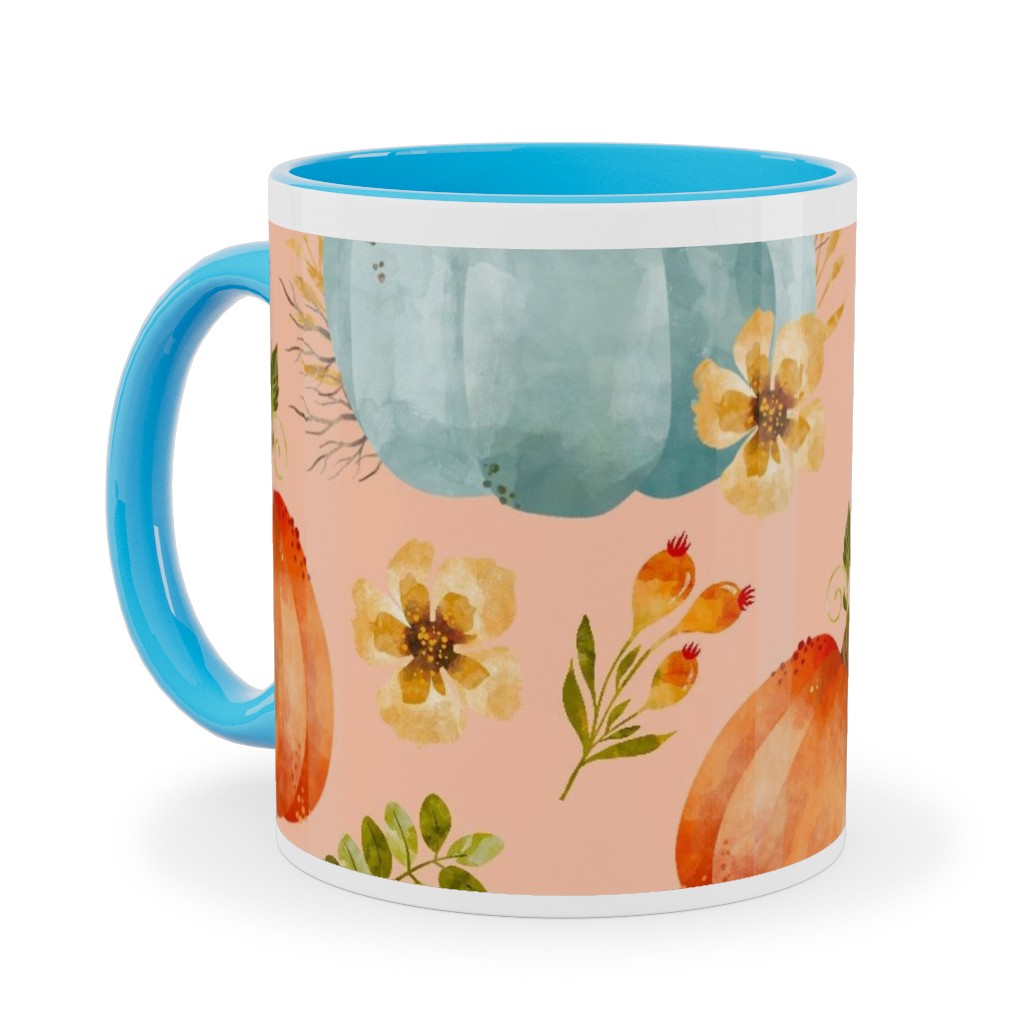 Rustic Farmhouse Pumpkins on Pale Peach Ceramic Mug, Light Blue,  , 11oz, Orange