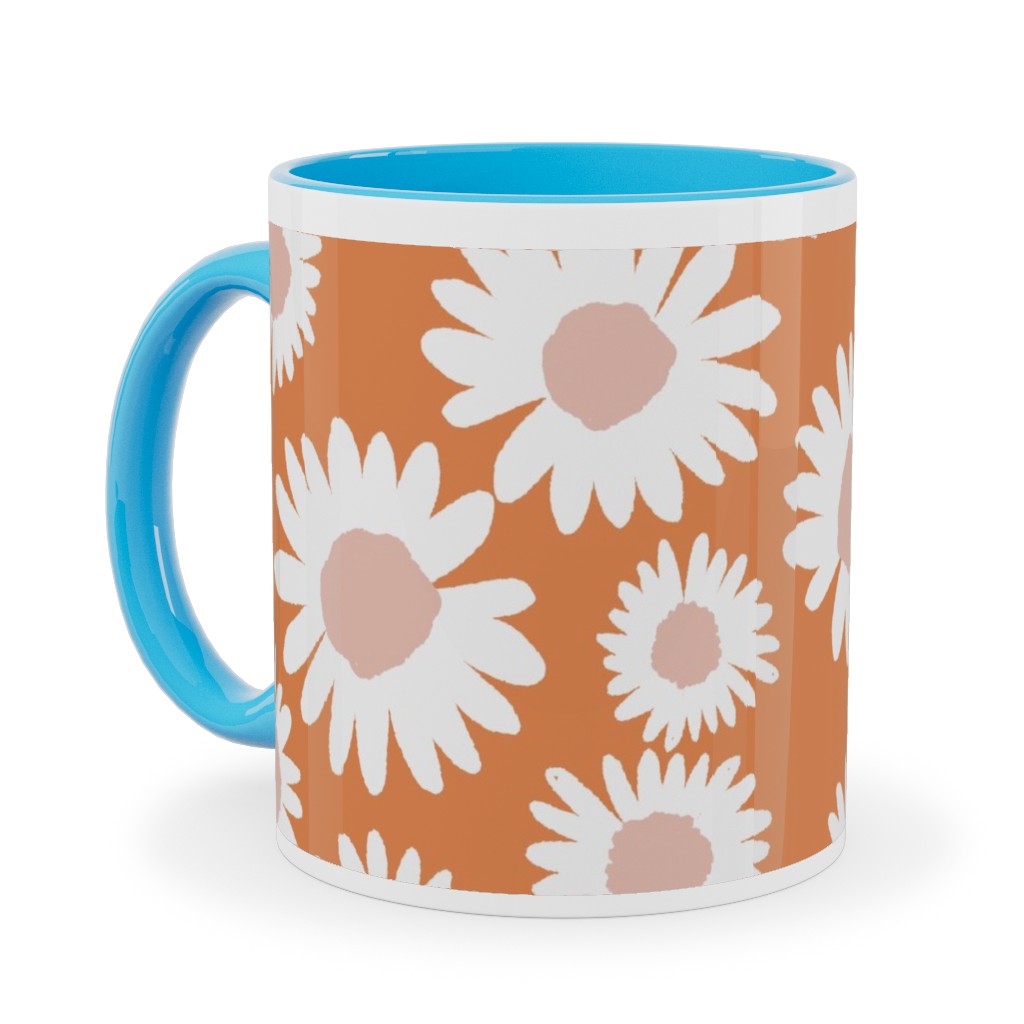 Boho Daisies - Flowers - Muted Orange and Blush Ceramic Mug, Light Blue, , 11oz, Orange, Orange