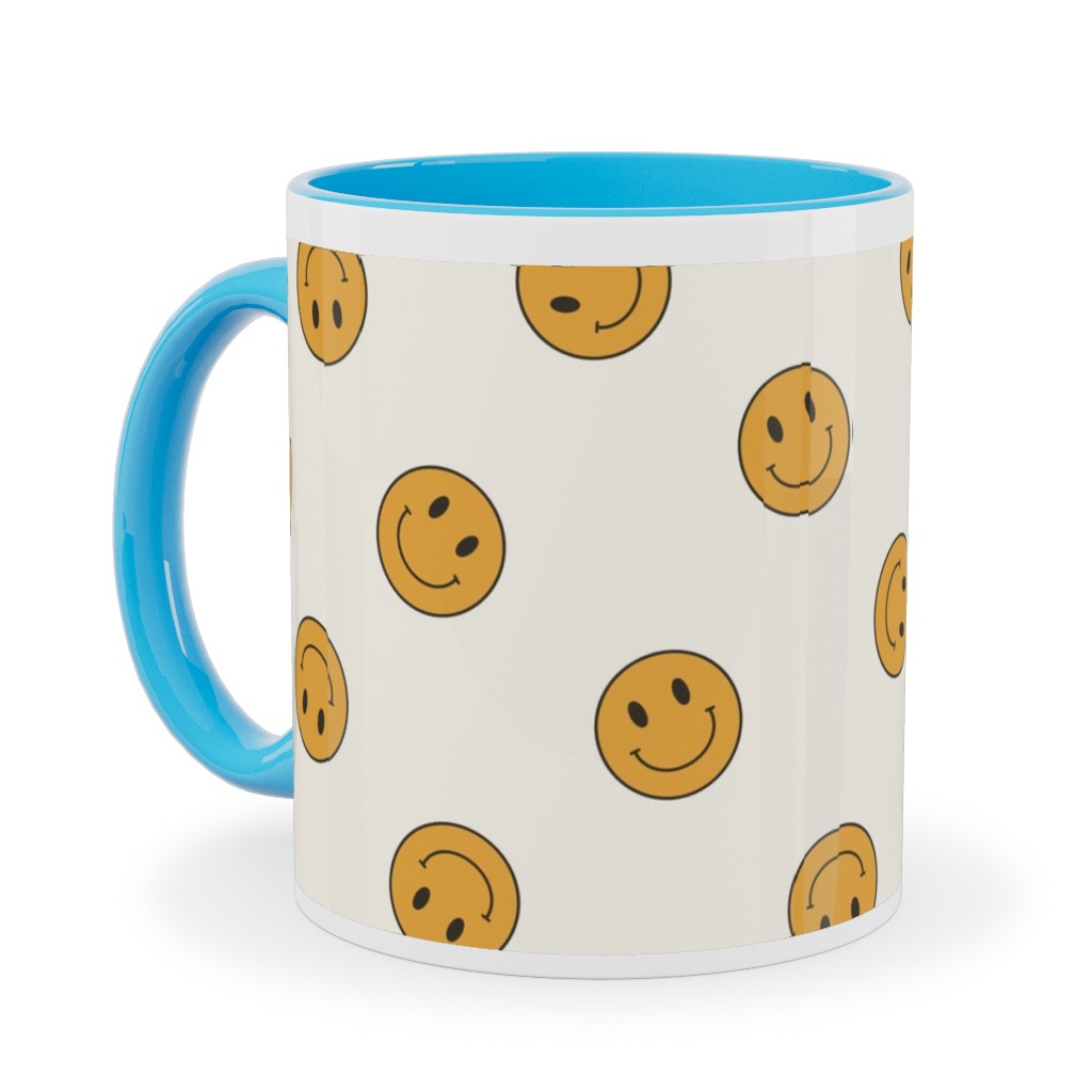 Retro Smiley Face - Cream and Yellow Ceramic Mug, Light Blue,  , 11oz, Yellow